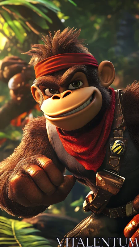 Smiling cartoon monkey fighter in lush jungle close-up.