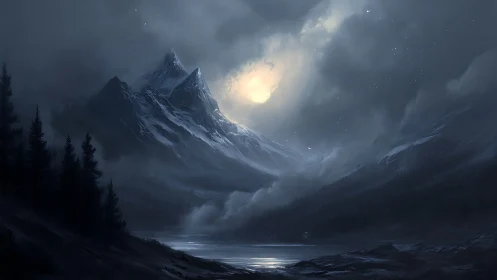 Nocturnal alpine summit under storm-lit lunar aperture.