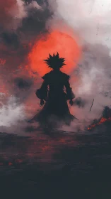 Lone warrior silhouette stands before a burning red sun