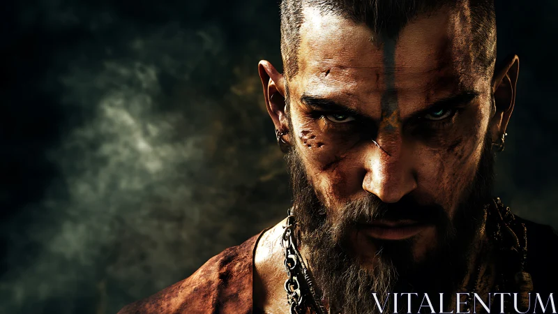 Scarred warlord glare amid storm-dark smoke and embers.