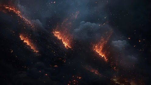 Volcanic Eruption with Lava Flows Against Starlit Sky.