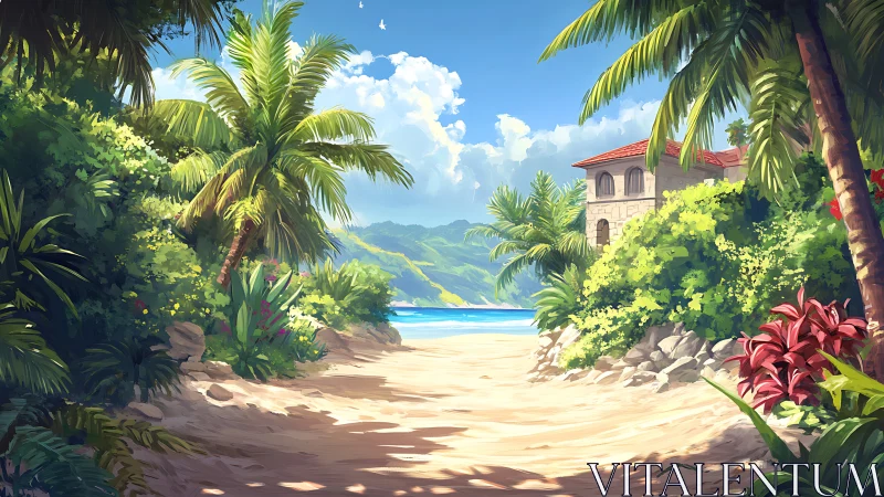 Tropical Island Settlement: Beachfront Villa Nestled in Lush Palm Grove