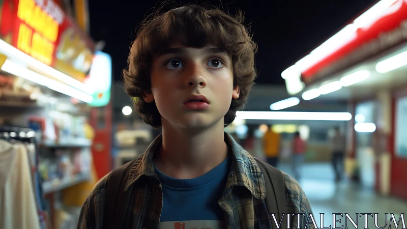 Teen boy at night market under neon commercial lighting.