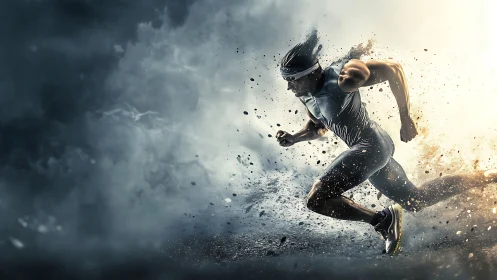 Powerful sprinter charging forward in a storm of energy.