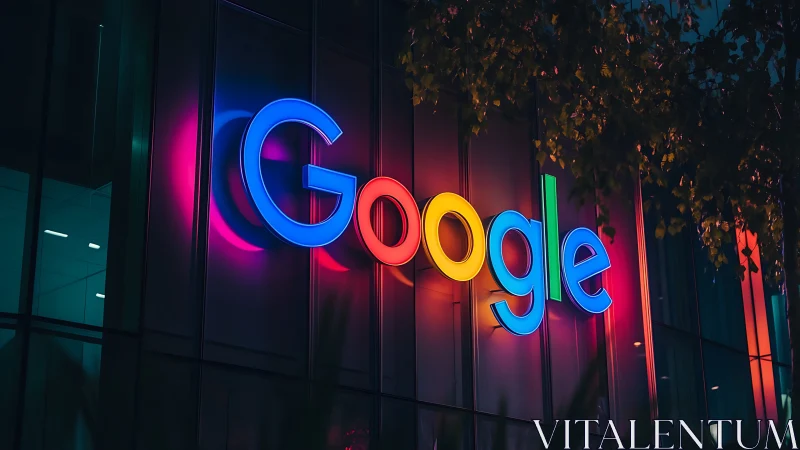 Illuminated Google wordmark with multicolor LED facade reflections