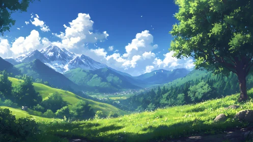 Mountain valley landscape under clear blue summer sky.