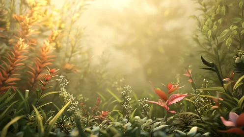 Sunlit forest floor shows lush flowers under golden haze