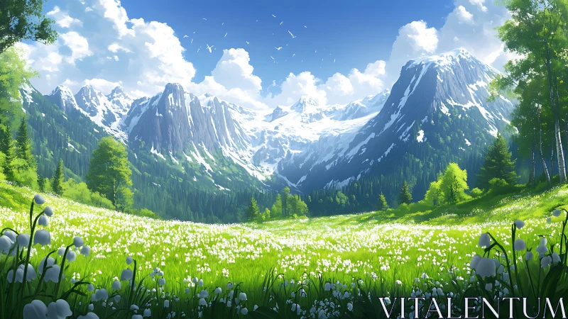 Sunlit alpine meadow unfolds beneath snow-capped peaks