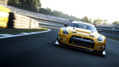 Golden GT racer storms the apex in a blur of speed and light.