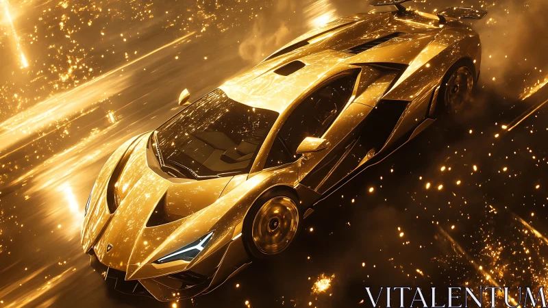 Gold metallic hypercar rendering in dynamic particle field