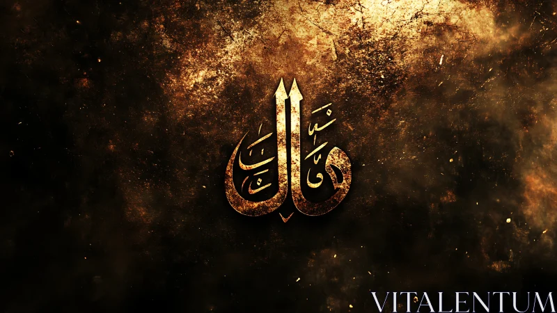 Golden Arabic calligraphy emblem on textured dark nebula field