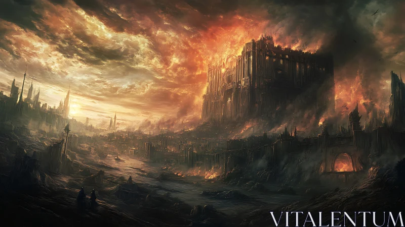 Burning fortress dominates ruined city under fiery storm