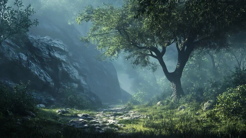 Mystic Valley: Ancient Tree Among Stone Cliffs.