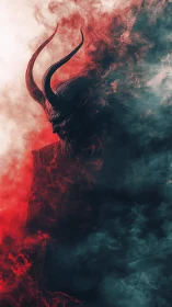 Horned demon emerges from swirling red and teal smoke
