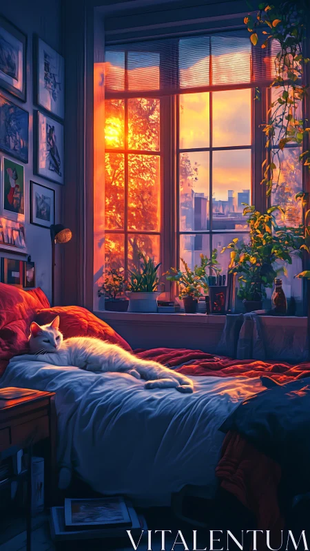 Sun-drenched window kingdom with a daydreaming white cat.