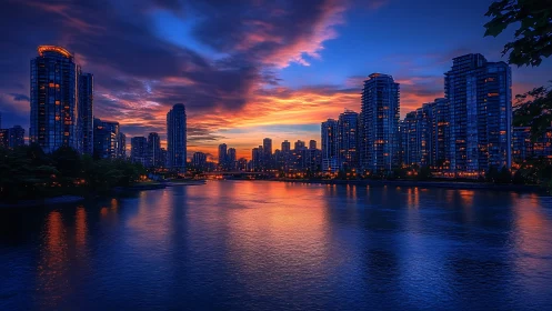 Luminous riverside skyline under intense twilight glow.
