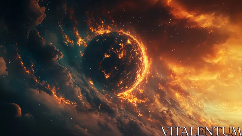 Fiery cosmic planet drifts through glowing storm clouds