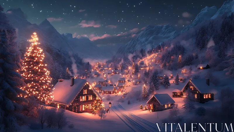 Snowy mountain village glows under starry winter night sky
