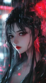 Digital painting portrait with neon rain and reflective highlights.