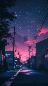 Urban street under starry magenta dusk sky with power lines.