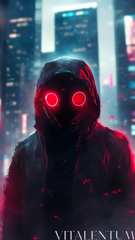 Hooded cyberpunk vigilante with neon red visor glow.