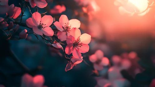 Cherry blossoms at golden hour with atmospheric bokeh.
