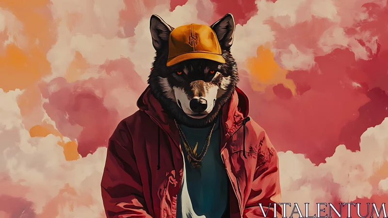 Urban wolf character in streetwear against painted clouds.