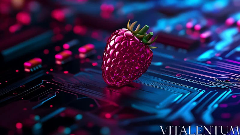 Neon raspberry rests on futuristic motherboard in vivid light