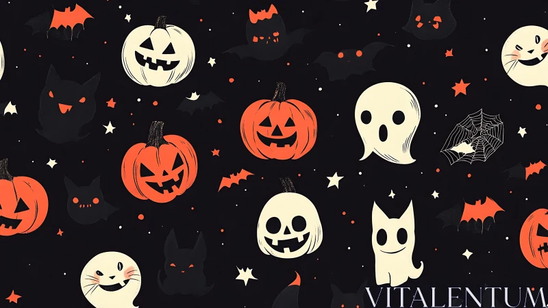 Playful Halloween pumpkins, ghosts, and bats in cozy night sky.