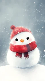 Snowman with red hat and scarf in soft falling snow scene.