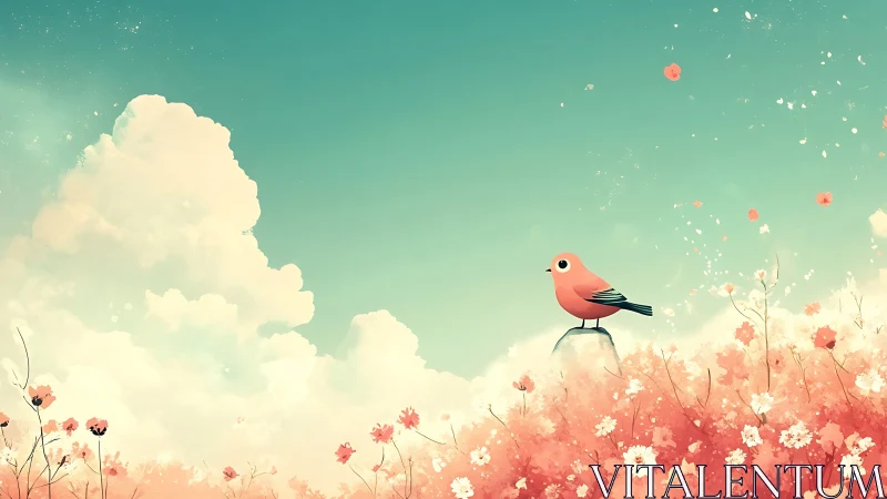 Small red bird on stone above pink wildflower meadow