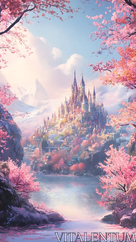 Fantasy mountain castle framed by pink blossom trees.