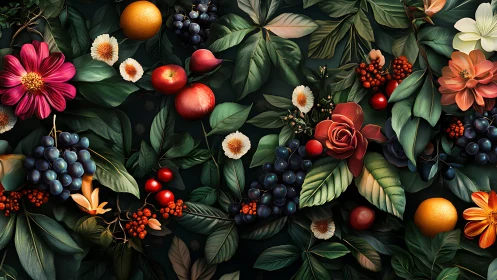 Digital botanical still life with lush fruit and florals arrangement.