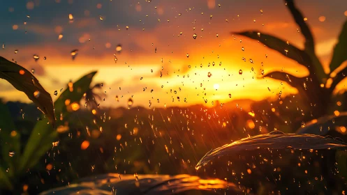 Golden-hour rain over tropical foliage glows in backlight
