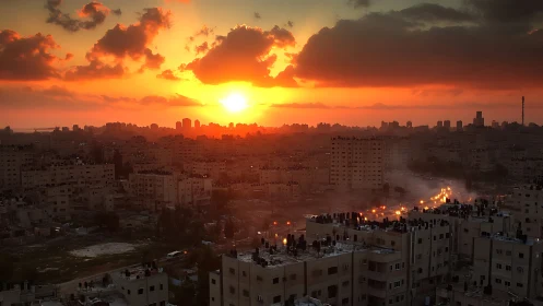 Urban skyline under dense clouds at low sun angle period.