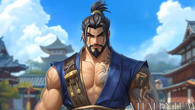 Samurai styled warrior in blue vest before temple complex.