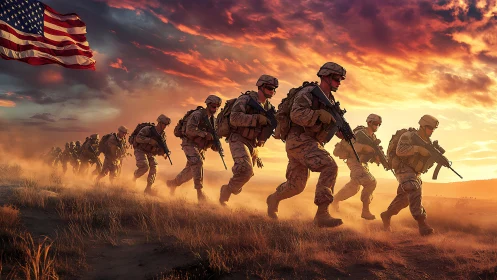 US infantry squad advancing through dusty terrain at sunset