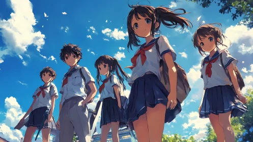 Group of anime students stand outdoors under bright sky