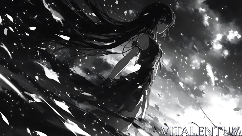Monochrome anime girl standing in abstract cloudy field.