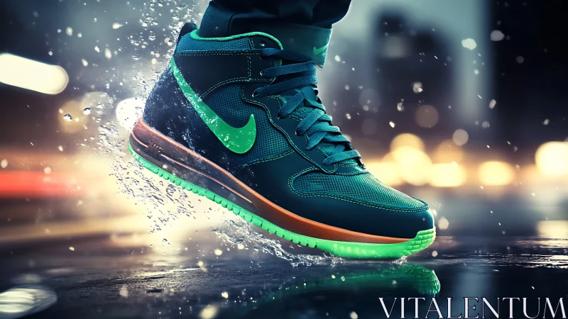 High-top athletic shoe impacts wet surface during night run