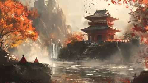 Mist-kissed pagoda listens to monks and murmuring river