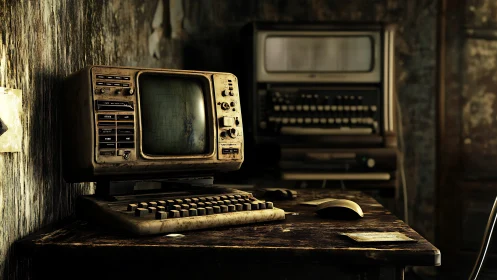 Vintage computer workstation decays inside dim cluttered room