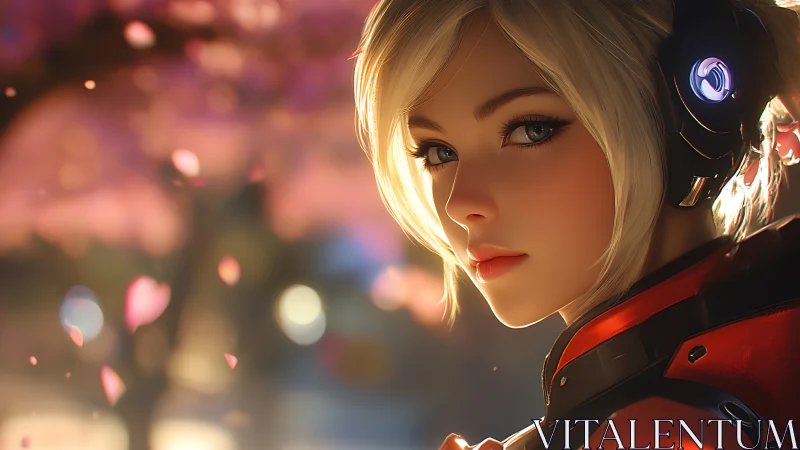 Cybernetic heroine gazes through bokeh-lit sakura ambience