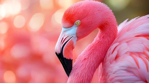 Vibrant close-up of pink flamingo with soft bokeh background.