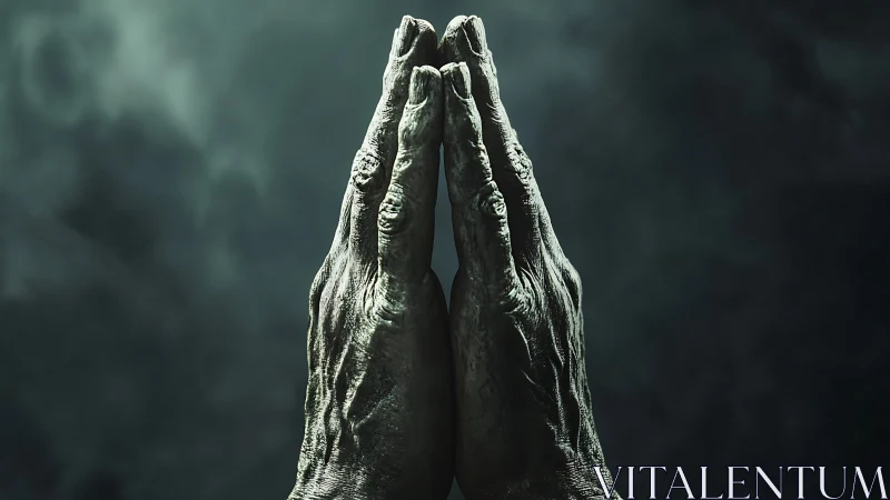 Weathered human hands press together vertically in darkness