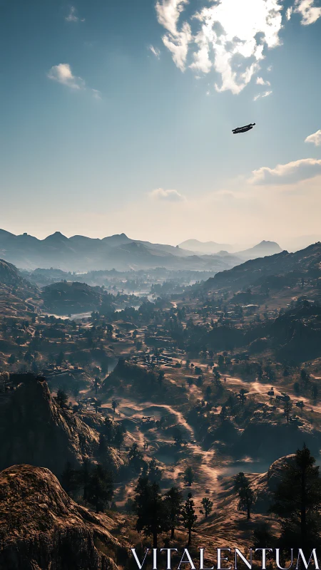 Desert valley landscape under hazy sunrise with airship