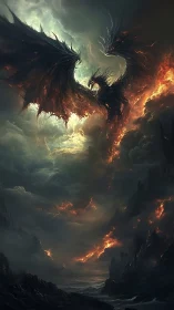 Fireborn dragon storms burning volcanic wasteland sky