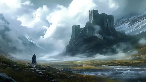 Lone traveler approaches a misty mountain fortress in awe.