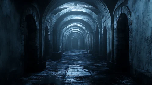 Moonlit stone corridor inviting quiet late night wondering.