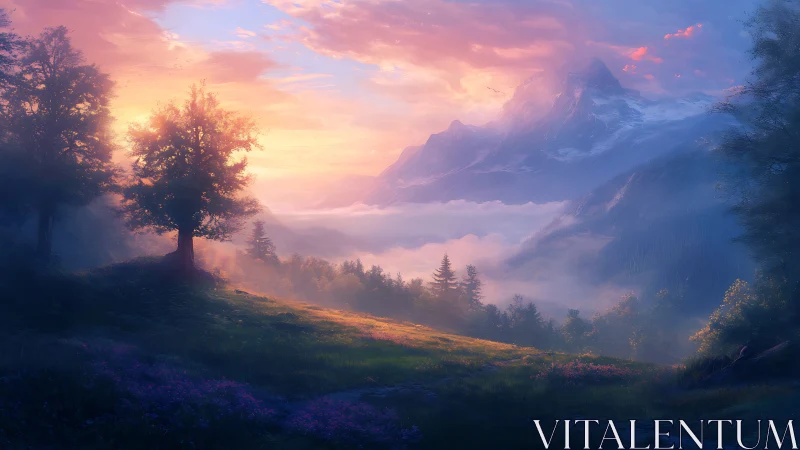 Dreamlit valley meadow under sunrise-kissed misty peaks.